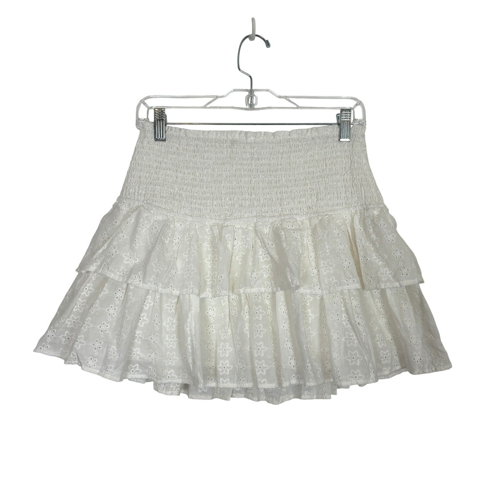 Eyelet Ruffle Mini Skirt SMALL White Cotton Smocked Boho Cottagecore Milkmaid